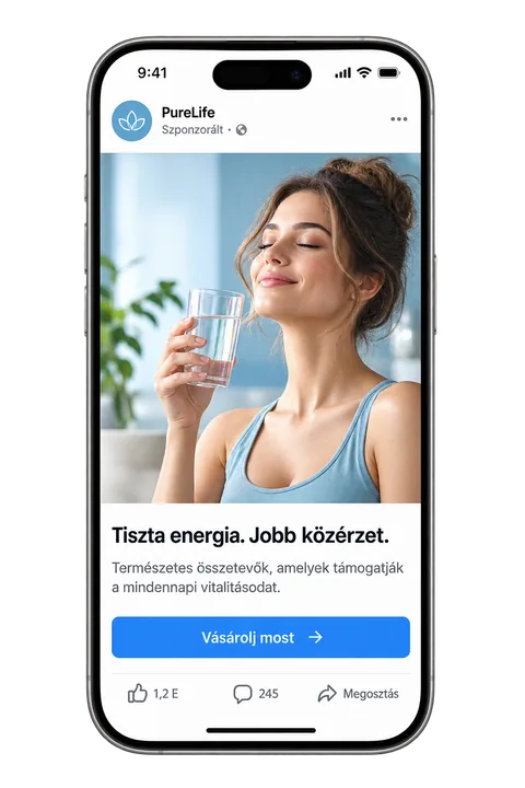 Mockup einer Feed-Anzeige: KI-Darsteller trinkt Wasser, darunter Titel, Beschreibung und ein Button „Jetzt kaufen“