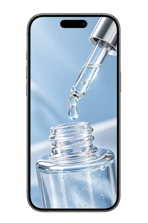 Standbild aus einem Produktvideo: Ein Serumtropfen fällt aus der Pipette in die Glasflasche