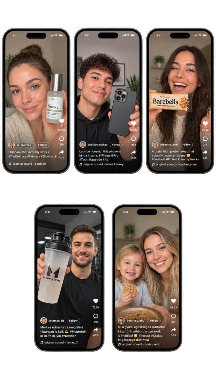 Fünf KI-generierte UGC-Videos mit verschiedenen Produkten und Darstellern